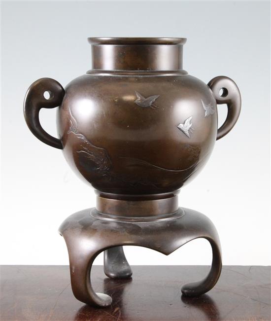 A Japanese inlaid bronze two handled vase and stand, Meiji period, 26cm